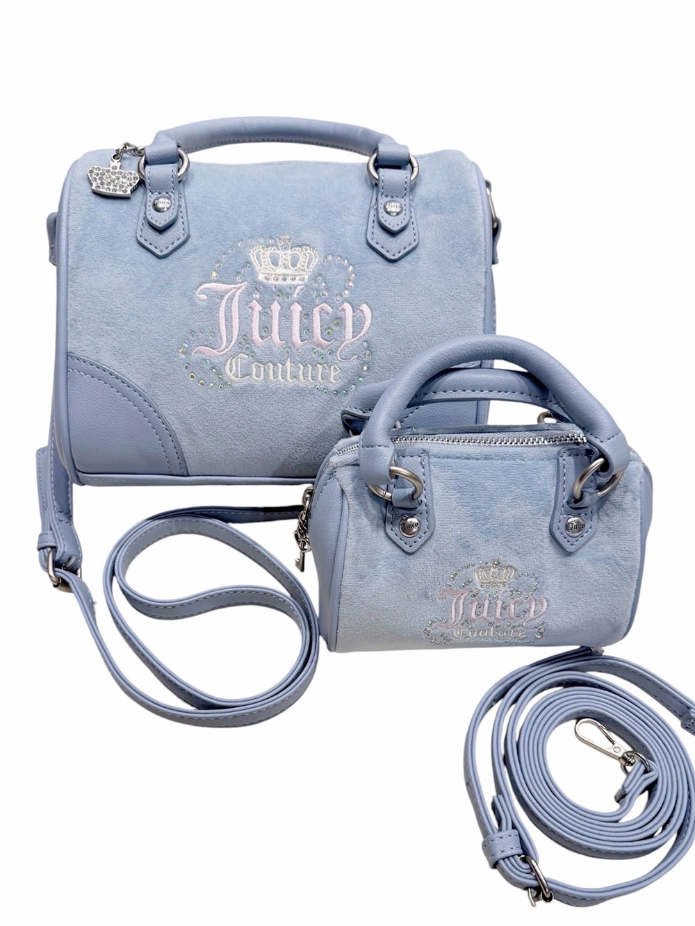Juicy Couture Retro Y2K Baby Blue Velour Bowler Bag & Mini Bag Set Rhinestone